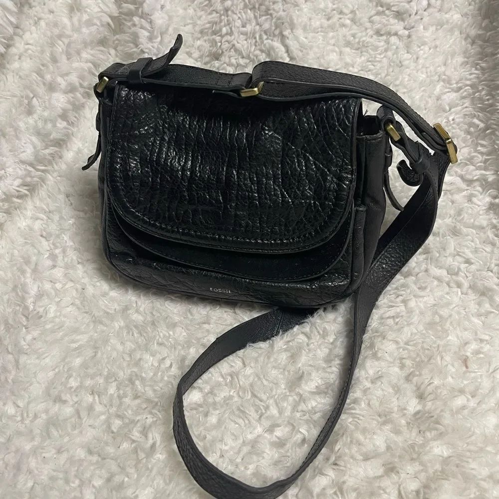 Fossil Black Leather double flop Crossbody Bag gold tone hardwares .